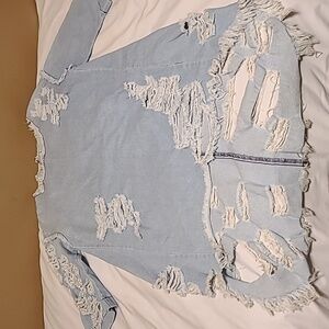 Vibrant M.I.U Womens Short Sleeve Ripped Distressed Midi Denim Dress Blue Medium